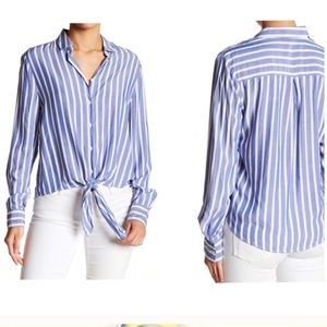 Striped button up tie front blouse